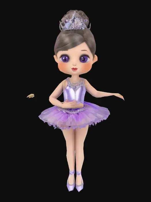 3D model for Object": "Cartoon ballerina girl with a lilac tutu dress and tiara",
  "Material": "Silk tutu, satin shoes, gemstone tiara",
  "Shape/Form": "Childlike stylized proportions with large eyes and flowing skirt",
  "Color Scheme": "Lavender, soft purple, and silver details",
  "Texture Details": "Soft fabric folds, shiny ballet shoes, glitter accents",
  "Style": "Stylized character",
  "Environment/Use Context": "Used in fairy tale or ballerina-themed game",
  "Reference Models": "Inspired by Disney-style princess and dance dolls"
}
