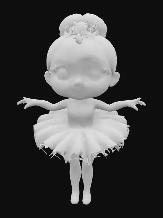 3D model for Object": "Cartoon ballerina girl with a lilac tutu dress and tiara",
  "Material": "Silk tutu, satin shoes, gemstone tiara",
  "Shape/Form": "Childlike stylized proportions with large eyes and flowing skirt",
  "Color Scheme": "Lavender, soft purple, and silver details",
  "Texture Details": "Soft fabric folds, shiny ballet shoes, glitter accents",
  "Style": "Stylized character",
  "Environment/Use Context": "Used in fairy tale or ballerina-themed game",
  "Reference Models": "Inspired by Disney-style princess and dance dolls"
}
