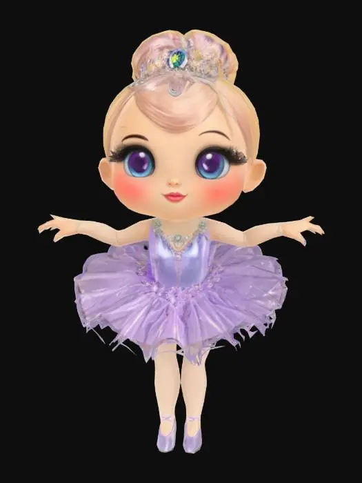 3D model for Object": "Cartoon ballerina girl with a lilac tutu dress and tiara",
  "Material": "Silk tutu, satin shoes, gemstone tiara",
  "Shape/Form": "Childlike stylized proportions with large eyes and flowing skirt",
  "Color Scheme": "Lavender, soft purple, and silver details",
  "Texture Details": "Soft fabric folds, shiny ballet shoes, glitter accents",
  "Style": "Stylized character",
  "Environment/Use Context": "Used in fairy tale or ballerina-themed game",
  "Reference Models": "Inspired by Disney-style princess and dance dolls"
}
