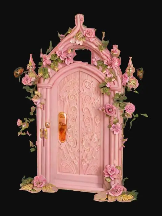 3D model for {
  "Object": "Ornate pink fairy door with floral frame and fluttering butterflies",
  "Material": "Painted wood, climbing roses, golden hinges",
  "Shape/Form": "Gothic arched door surrounded by thick blooming vines",
  "Color Scheme": "Soft pink, ivory, gold, green",
  "Texture Details": "Carved wood grain, petal surfaces, lace-like metal details",
  "Style": "Whimsical fantasy",
  "Environment/Use Context": "Used in enchanted garden, miniature fairy home, or fantasy RPG world",
  "Reference Models": "Inspired by fairycore aesthetics and cottage garden decor"
}










