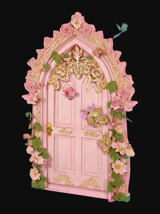 3D model for {
  "Object": "Ornate pink fairy door with floral frame and fluttering butterflies",
  "Material": "Painted wood, climbing roses, golden hinges",
  "Shape/Form": "Gothic arched door surrounded by thick blooming vines",
  "Color Scheme": "Soft pink, ivory, gold, green",
  "Texture Details": "Carved wood grain, petal surfaces, lace-like metal details",
  "Style": "Whimsical fantasy",
  "Environment/Use Context": "Used in enchanted garden, miniature fairy home, or fantasy RPG world",
  "Reference Models": "Inspired by fairycore aesthetics and cottage garden decor"
}










