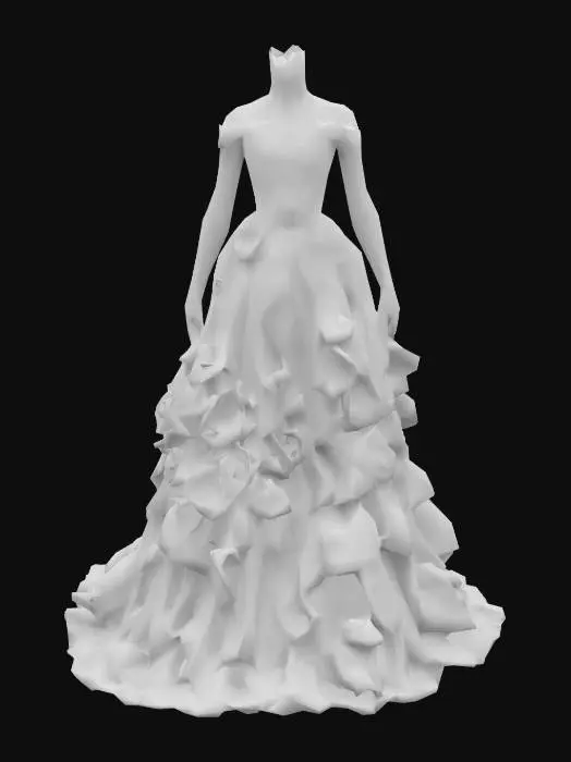 3D model for {
  "Object": "fantasy floral gown for female model",
  "Material": "silk, satin, sheer lace, gold leaf accents",
  "Shape/Form": "curved fit, off-shoulder corset bodice, multi-layered flowing skirt",
  "Color Scheme": "pastel pinks, lilac, baby blue, soft yellow, with metallic gold details",
  "Texture Details": "3D floral appliqué, shimmer silk, glitter gradients, marble swirls",
  "Style": "realistic, haute couture, game-ready",
  "Environment/Use Context": "fantasy garden or palace setting",
  "Reference Models": "inspired by Dior and fairy aesthetics, supermodel look with long flowing hair"
}

