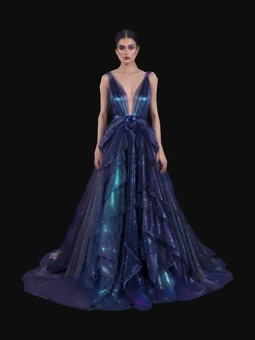 3D model for {
  "Object": "evening fantasy dress for female model",
  "Material": "iridescent silk, velvet, holographic organza",
  "Shape/Form": "deep V-neck, cinched waist, trailing galaxy-layered train",
  "Color Scheme": "midnight blue, indigo, plum, with silver star specks",
  "Texture Details": "smooth velvet with shimmering stardust, sheer galaxy veil layers",
  "Style": "realistic, fantasy couture",
  "Environment/Use Context": "celestial ballroom or moonlit cliff",
  "Reference Models": "inspired by Elie Saab, character wears hair long and wavy"
}


