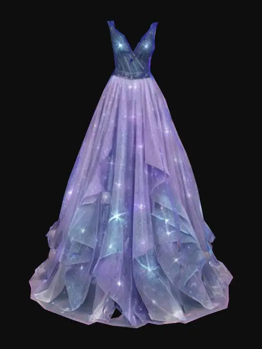3D model for  Starlight Gown
Object: Roblox fantasy dress
Material: Holographic silk and soft mesh
Shape/Form: V-neck sleeveless bodice, full-length layered skirt with transparent train
Color Scheme: Midnight blue, silver galaxy shimmer, soft lilac undertone
Texture Details: Speckled star textures, shimmer map highlights on folds
Style: Stylized fantasy couture
Environment: Celestial ball scene, no wings
Reference: Galaxy-inspired stardust fairy queen

