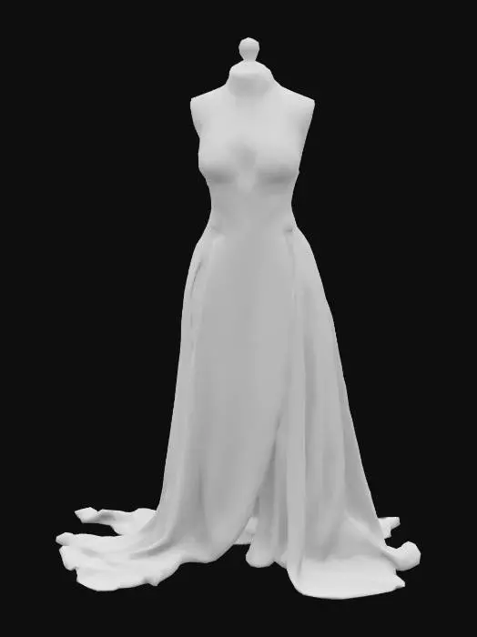 3D model for  Lavender Royal Slit Gown
Object: Roblox dress texture
Material: Silk charmeuse and glitter chiffon
Shape/Form: Halter neckline, deep V front, long skirt with side slit
Color Scheme: Lavender, soft lilac, gold sparkle
Texture Details: Sparkling highlights along the bust, floral glitter patterns at hem
Style: Elegant fantasy style, high-end finish
Environment: Royal fairy court setting, no wings
Reference: Enchanted gala dress silhouette