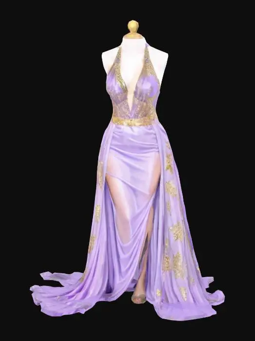 3D model for  Lavender Royal Slit Gown
Object: Roblox dress texture
Material: Silk charmeuse and glitter chiffon
Shape/Form: Halter neckline, deep V front, long skirt with side slit
Color Scheme: Lavender, soft lilac, gold sparkle
Texture Details: Sparkling highlights along the bust, floral glitter patterns at hem
Style: Elegant fantasy style, high-end finish
Environment: Royal fairy court setting, no wings
Reference: Enchanted gala dress silhouette