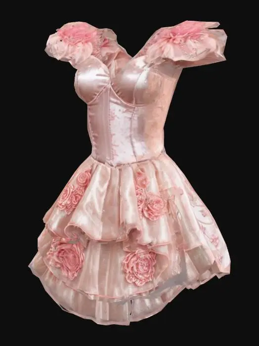 3D model for Object: Roblox dress texture
Material: Glossy organza and velvet
Shape/Form: Off-shoulder corset top, bell-shaped skirt with mid-thigh front cut
Color Scheme: Peony pink, peach blush, soft champagne
Texture Details: Delicate floral embroidery, soft shimmer overlay, layered depth folds
Style: Stylized luxury, fantasy eveningwear
Environment: Dream garden gala, no wings
Reference: Inspired by romantic haute couture fantasy gowns