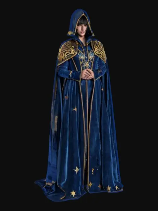 3D model for 
Regal Fantasy Cloak
Object: Roblox accessory (outerwear)
Material: Velvet and gold embroidery
Shape/Form: Floor-length cape with structured shoulders
Color Scheme: Midnight blue with gold star trim
Texture Details: Galaxy shimmer velvet with embroidered stars
Style: High fantasy royal
Environment: RPG or roleplay adventures
Reference Models: Inspired by fantasy lords or queens


