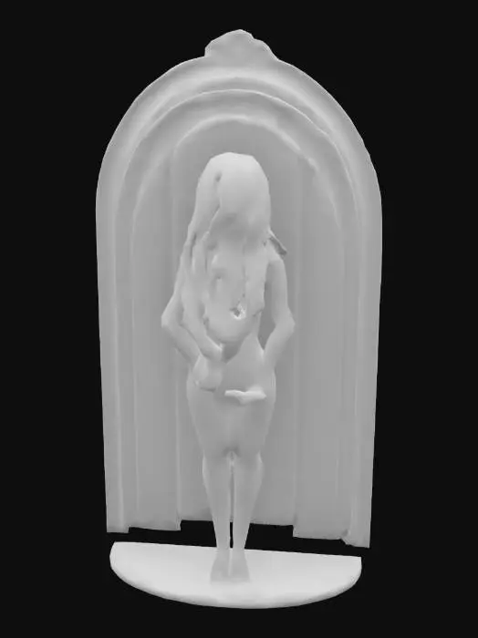 3D model for Object: Hair change morph booth  
Material: Painted wood and crystal accents  
Shape/Form: Arched walk-in booth with halo ring at top  
Color Scheme: Soft lilac and white with glowing blue trim  
Texture Details: Smooth body, top has glowing crystal panel texture  
Style: Stylized magical  
Environment/Use Context: Player hair transformation  



