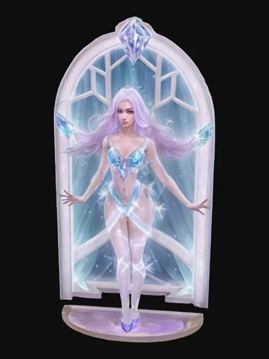 3D model for Object: Hair change morph booth  
Material: Painted wood and crystal accents  
Shape/Form: Arched walk-in booth with halo ring at top  
Color Scheme: Soft lilac and white with glowing blue trim  
Texture Details: Smooth body, top has glowing crystal panel texture  
Style: Stylized magical  
Environment/Use Context: Player hair transformation  




