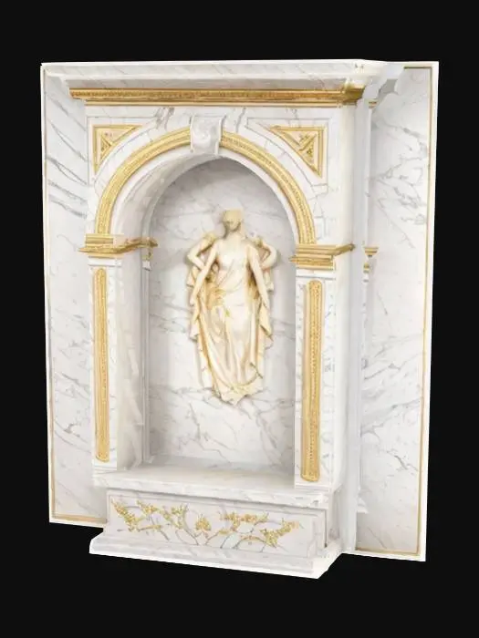 3D model for Object: Wall section with decorative alcove

Material: Marble base with plaster niche and gold trim

Shape/Form: Rectangular wall with recessed arch for statue or decor

Color Scheme: Warm white marble, champagne gold highlights

Texture Details: Polished niche, carved marble base

Style: Stylized realistic

Environment/Use Context: Ballroom interior decor feature

Reference Models: Baroque alcove architecture