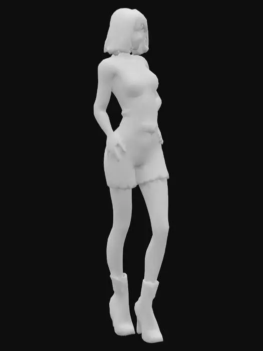 3D model for Object: pastel stylized female avatar (faceless for makeup station)  
Material: smooth digital mesh, cloth rig  
Shape/Form: slim figure with neutral pose, shoulder-length base hair  
Color Scheme: blush body tone, soft cream base outfit  
Texture Details: matte fabric, slight sheen on boots  
Style: stylized-pastel  
Environment/Use Context: morphs when entering roleplay or customization zones; compatible with wearable overlays




