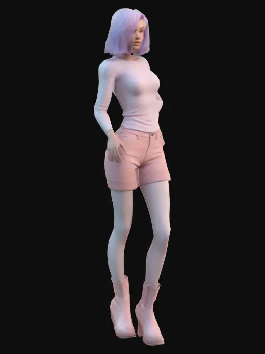3D model for Object: pastel stylized female avatar (faceless for makeup station)  
Material: smooth digital mesh, cloth rig  
Shape/Form: slim figure with neutral pose, shoulder-length base hair  
Color Scheme: blush body tone, soft cream base outfit  
Texture Details: matte fabric, slight sheen on boots  
Style: stylized-pastel  
Environment/Use Context: morphs when entering roleplay or customization zones; compatible with wearable overlays




