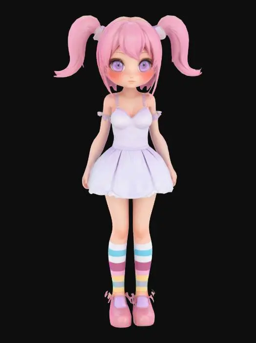 3D model for {
  "Object": "stylized magical girl avatar base model",
  "Material": "soft matte skin, glossy eyes, satin hair, smooth cloth undergarment",
  "Shape/Form": "anime-style proportions, slim arms and legs, heart-shaped face, large expressive eyes",
  "Color Scheme": "fair skin tone, pastel pink hair, lavender eyes, white under-outfit",
  "Texture Details": "smooth skin shading, subtle blush on cheeks, soft hair shine, gentle eye gloss",
  "Style": "stylized anime-inspired",
  "Environment/Use Context": "base character for dress-up game, rigged and ready for outfit swapping",
  "Reference Models": "inspired by Pretty Cure, Gacha Life, and Magical Girl Lyrical Nanoha style"
}

