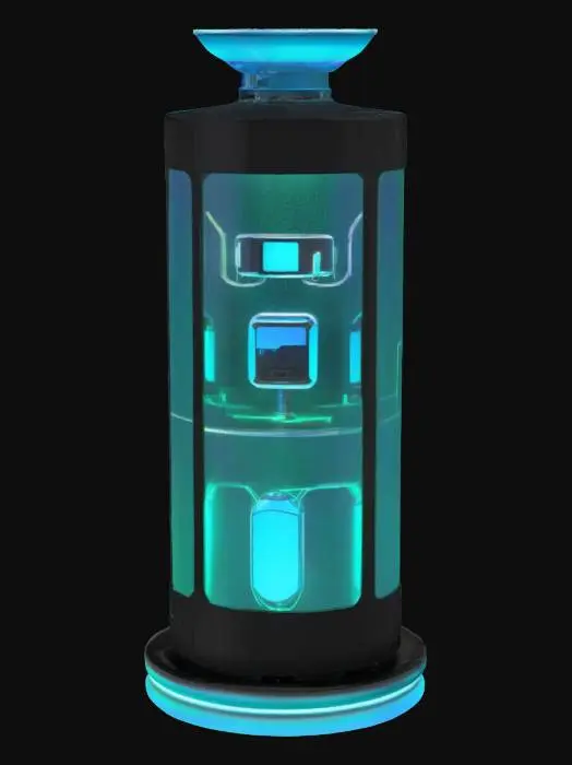 3D model for Object: Futuristic holographic pedestal showing rotating devices  
Material: Transparent panels, embedded projectors  
Shape/Form: Cylindrical or hex base with floating device images  
Color Scheme: Black chrome base, holographic blue and green glow  
Texture Details: Smooth shell, holographic shimmer  
Style: High-tech boutique  
Environment/Use Context: Center display for premium gadgets


