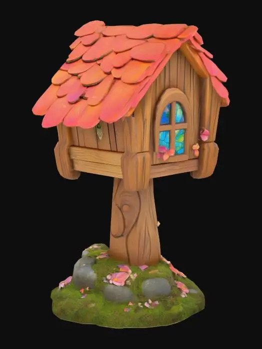 3D model for Whimsical wooden mailbox with a curved roof made of flower petals, moss-covered stone base, hand-painted floral carvings, small stained glass window on the door, stylized, game asset, storybook fantasy environment detail
