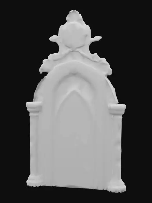 3D model for Magical archway made of carved stone and flowering vines, floating glowing runes around the arch, leaf and crystal decorations, stained glass crest at the top, ultra-detailed, whimsical, storybook fantasy teleport structure