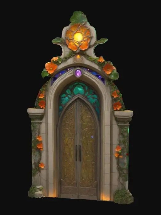 3D model for Magical archway made of carved stone and flowering vines, floating glowing runes around the arch, leaf and crystal decorations, stained glass crest at the top, ultra-detailed, whimsical, storybook fantasy teleport structure