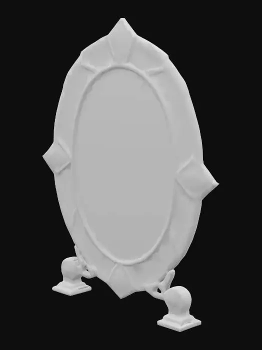3D model for Low-poly oval mirror with amethyst shard frame and floating rune glow, stylized magical vanity accessory.