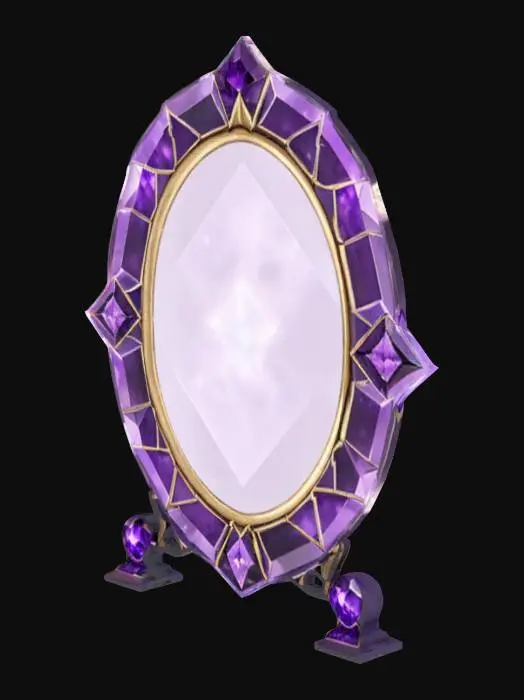 3D model for Low-poly oval mirror with amethyst shard frame and floating rune glow, stylized magical vanity accessory.