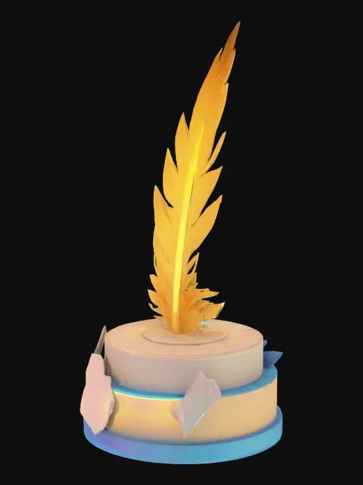 3D model for Low-poly pedestal with oversized glowing feather and aura ring, fairycore spiritual artifact, stylized celestial relic.