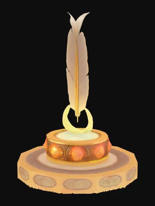 3D model for Low-poly pedestal with oversized glowing feather and aura ring, fairycore spiritual artifact, stylized celestial relic.