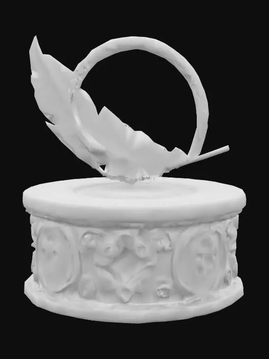 3D model for Low-poly pedestal with oversized glowing feather and aura ring, fairycore spiritual artifact, stylized celestial relic.