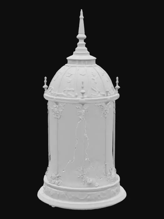 3D model for {
  "Object": "fantasy forest terrarium encased in ornate glass dome",
  "Material": "aged brass, colored glass panels, enamel-painted metal flowers, crystal finials",
  "Shape/Form": "tall cylindrical dome with arched viewing window and decorative spire top",
  "Color Scheme": "golden brass, turquoise, lavender, emerald, amethyst tones",
  "Texture Details": "polished glass, finely etched metal, soft velvety floral textures",
  "Style": "stylized realism with whimsical fairytale influences",
  "Environment/Use Context": "placed in an enchanted forest or as a magical interior decor piece",
  "Reference Models": "reminiscent of Victorian glass domes mixed with fantasy RPG artifacts"
}
