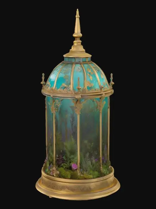 3D model for {
  "Object": "fantasy forest terrarium encased in ornate glass dome",
  "Material": "aged brass, colored glass panels, enamel-painted metal flowers, crystal finials",
  "Shape/Form": "tall cylindrical dome with arched viewing window and decorative spire top",
  "Color Scheme": "golden brass, turquoise, lavender, emerald, amethyst tones",
  "Texture Details": "polished glass, finely etched metal, soft velvety floral textures",
  "Style": "stylized realism with whimsical fairytale influences",
  "Environment/Use Context": "placed in an enchanted forest or as a magical interior decor piece",
  "Reference Models": "reminiscent of Victorian glass domes mixed with fantasy RPG artifacts"
}

