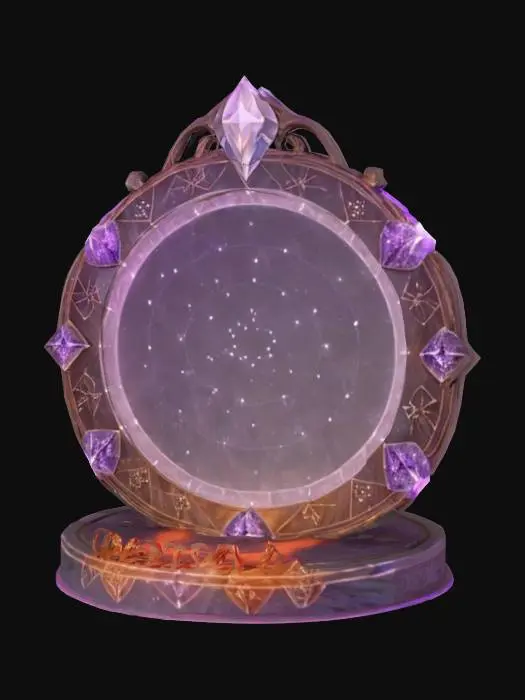 3D model for Object: Enchanted mirror for trying on outfits
Material: Crystal, carved wood, magical glyphs
Shape/Form: Round mirror with a glowing rim, floating particle ring, placed over a glowing sigil floor circle
Color Scheme: Lavender, white glow, pastel accents
Texture Details: Glossy mirror surface, ethereal effects, glowing runes
Style: Stylized fantasy
Environment/Use Context: UGC homestore dressing area
Reference Models: Inspired by magical dressing mirrors in fantasy games
(Add: Glowing text above it: “✨Try Me On✨”)