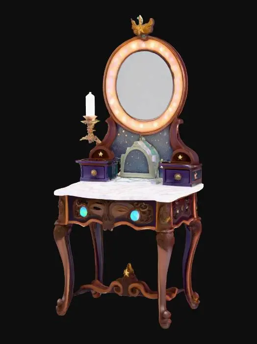3D model for "enchanted mooncore vanity table with glowing crescent mirror, star sparkle carvings, holographic drawer knobs, mystical marble top, magical girl vibes, glossy enchanted wood"