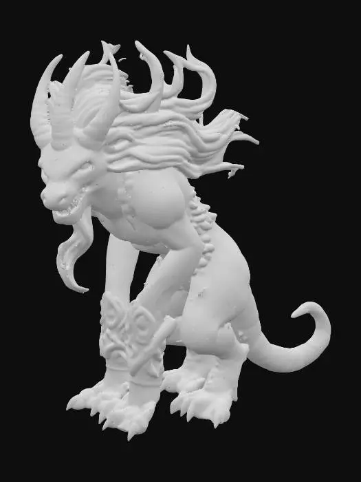3D model for Fantasy creature in a highly detailed, semi-realistic digital art style with sculpted, stone-like textures, intricate runic carvings, stylized proportions, rich shading, and dynamic flowing hair.