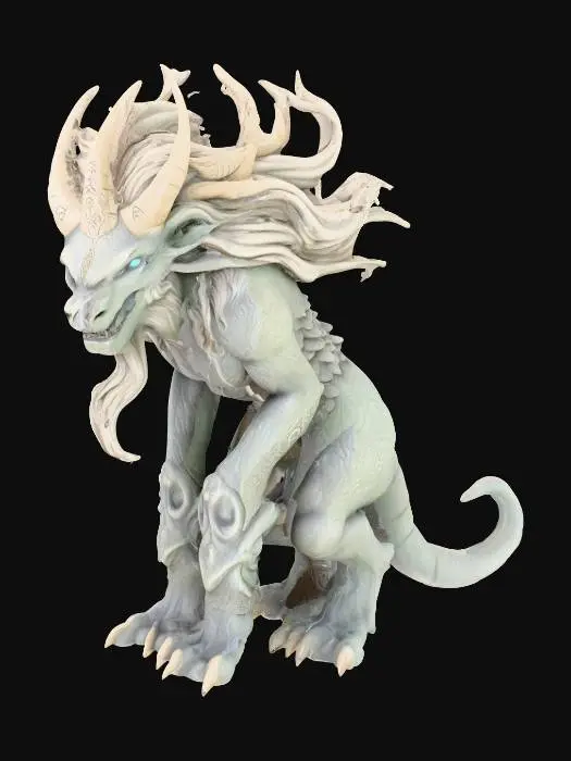 3D model for Fantasy creature in a highly detailed, semi-realistic digital art style with sculpted, stone-like textures, intricate runic carvings, stylized proportions, rich shading, and dynamic flowing hair.