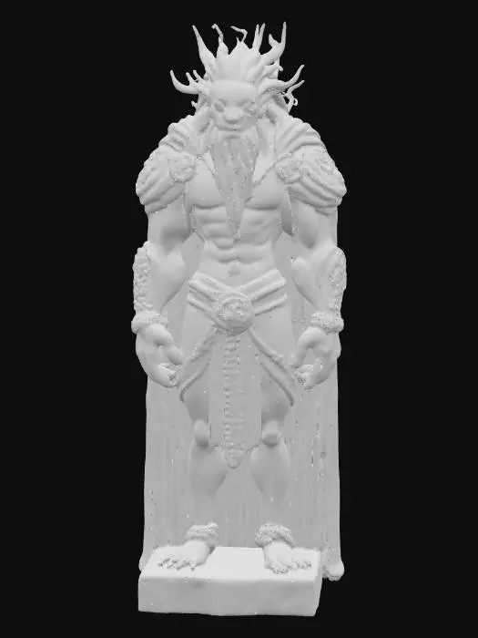 3D model for Fantasy creature in a highly detailed, semi-realistic digital art style with sculpted, stone-like textures, intricate runic carvings, stylized proportions, rich shading, and dynamic flowing hair.