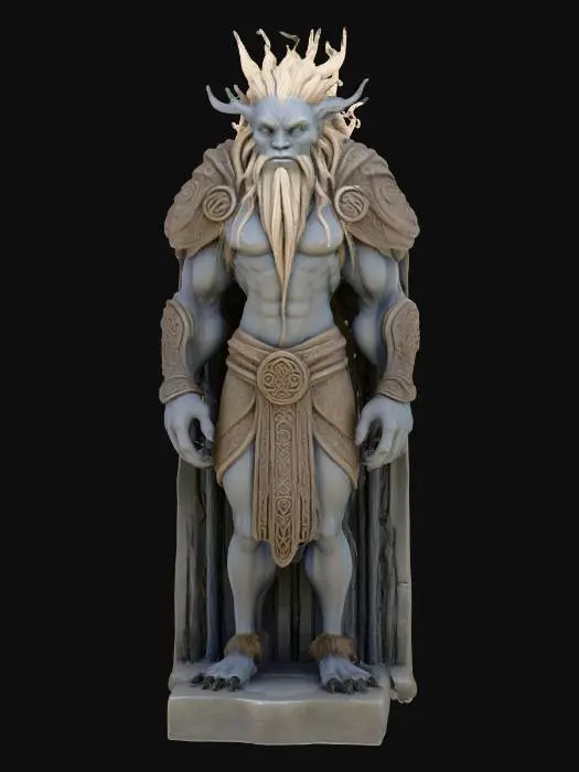 3D model for Fantasy creature in a highly detailed, semi-realistic digital art style with sculpted, stone-like textures, intricate runic carvings, stylized proportions, rich shading, and dynamic flowing hair.