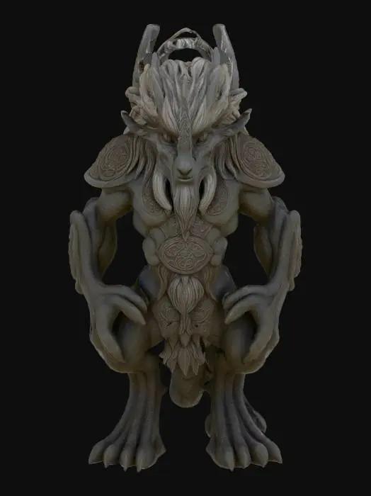 3D model for Fantasy creature in a highly detailed, semi-realistic digital art style with sculpted, stone-like textures, intricate runic carvings, stylized proportions, rich shading, and dynamic flowing hair.