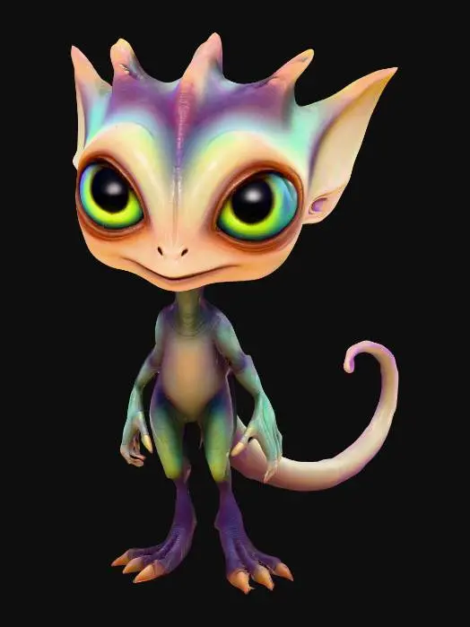 3D model for Fantasy alien character in a highly detailed 3D rendered, Pixar-inspired style, with oversized expressive features, soft glowing textures, rich iridescent colors, and intricate digital sculpting.