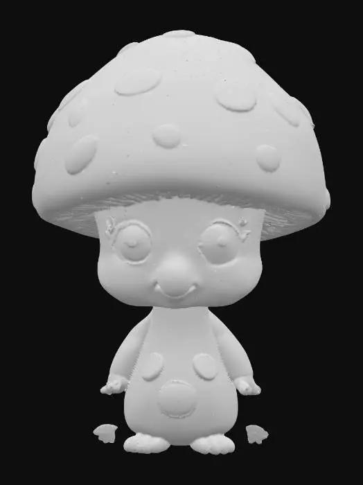 3D model for Adorable mushroom character with oversized expressive eyes, soft glowing textures, stylized whimsical proportions, glossy 3D rendered Pixar-style aesthetic, vibrant colors, smooth painterly digital art finish
