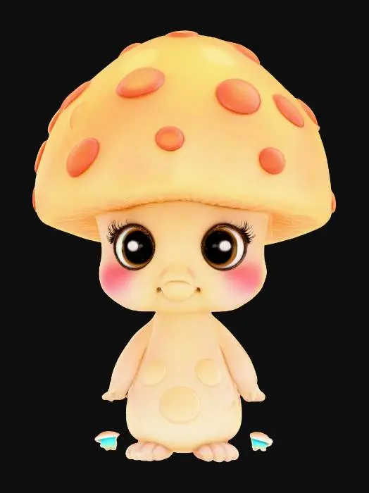 3D model for Adorable mushroom character with oversized expressive eyes, soft glowing textures, stylized whimsical proportions, glossy 3D rendered Pixar-style aesthetic, vibrant colors, smooth painterly digital art finish