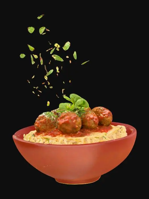 3D model for Bowl of spaghetti and meatballs in midair, dramatic floating composition with noodles, meatballs, fresh basil leaves and marinara sauce, crisp black seamless background, rich reds, golden yellows, earthy browns, vibrant greens, smooth ceramic, moist noodles, glossy sauce, visible grated cheese texture, strong spotlight from top left, sharp shadows, subtle rim light highlighting edges, no haze, high-clarity studio atmosphere, 50mm lens look with shallow depth-of-field, f/2.8, 1:1 aspect, hyperrealistic CGI, PBR rendering, food advertising realism, ultra-detailed digital art.