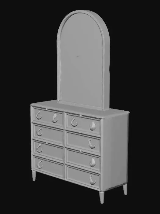 3D model for Design a stylish, medium-sized bedroom dresser with a fantasy-modern aesthetic. The dresser should feature smooth wood textures in a warm walnut or enchanted oak finish, with gold or brass handles shaped like crescent moons or stars. Include six drawers with soft-close functionality and subtle carved detailing along the edges. The top surface should be wide enough to hold decorative items like candles, books, or a small mirror. The design should balance elegance and practicality, suitable for a cozy enchanted bedroom.
