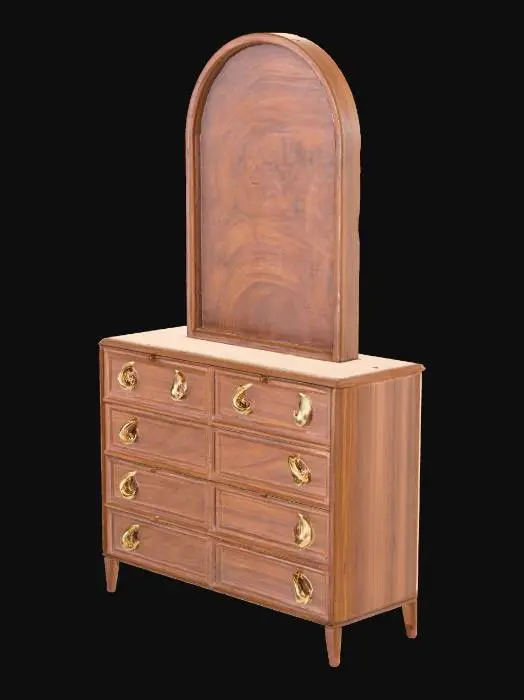 3D model for Design a stylish, medium-sized bedroom dresser with a fantasy-modern aesthetic. The dresser should feature smooth wood textures in a warm walnut or enchanted oak finish, with gold or brass handles shaped like crescent moons or stars. Include six drawers with soft-close functionality and subtle carved detailing along the edges. The top surface should be wide enough to hold decorative items like candles, books, or a small mirror. The design should balance elegance and practicality, suitable for a cozy enchanted bedroom.