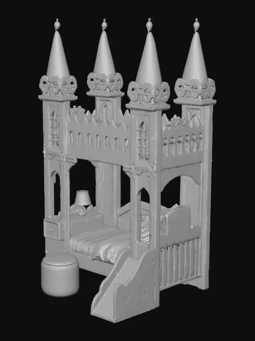 3D model for Create a whimsical 3D model of a castle-themed princess bunk bed with an integrated desk and matching stool. The bunk bed should resemble a miniature fairytale castle, complete with turret-style bedposts, arched windows, and a scalloped canopy. Use pastel tones like blush pink, lavender, and pearl white, accented with gold trim and heart or crown motifs. The top bunk should be enclosed with castle battlements and a slide or ladder shaped like a spiral tower. Below, include a built-in desk with carved detailing, magical scrolls, and glowing crystal lamps. The stool should be cushioned with velvet upholstery and shaped like a royal throne. The entire set should feel enchanting, playful, and fit for a young princess dreaming in her castle tower.