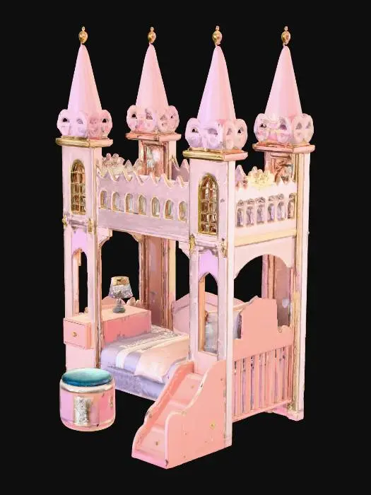 3D model for Create a whimsical 3D model of a castle-themed princess bunk bed with an integrated desk and matching stool. The bunk bed should resemble a miniature fairytale castle, complete with turret-style bedposts, arched windows, and a scalloped canopy. Use pastel tones like blush pink, lavender, and pearl white, accented with gold trim and heart or crown motifs. The top bunk should be enclosed with castle battlements and a slide or ladder shaped like a spiral tower. Below, include a built-in desk with carved detailing, magical scrolls, and glowing crystal lamps. The stool should be cushioned with velvet upholstery and shaped like a royal throne. The entire set should feel enchanting, playful, and fit for a young princess dreaming in her castle tower.