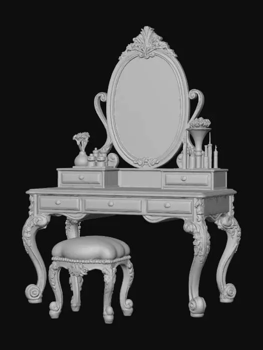 3D model for Create a delicate princess-style vanity table with an attached mirror and matching stool. The table should feature curved legs, floral carvings, and a pearlescent finish in soft pink or lavender. Include a large oval mirror framed in roses, vines, or tiny stars. The tabletop should hold makeup brushes, perfume bottles, and a tiara stand. Add a cushioned stool with velvet upholstery and gold trim. The overall look should be elegant, magical, and perfect for royal morning routines.