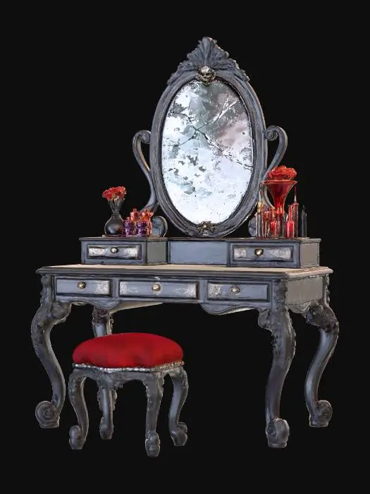 3D model for Create a delicate princess-style vanity table with an attached mirror and matching stool. The table should feature curved legs, floral carvings, and a pearlescent finish in soft pink or lavender. Include a large oval mirror framed in roses, vines, or tiny stars. The tabletop should hold makeup brushes, perfume bottles, and a tiara stand. Add a cushioned stool with velvet upholstery and gold trim. The overall look should be elegant, magical, and perfect for royal morning routines.