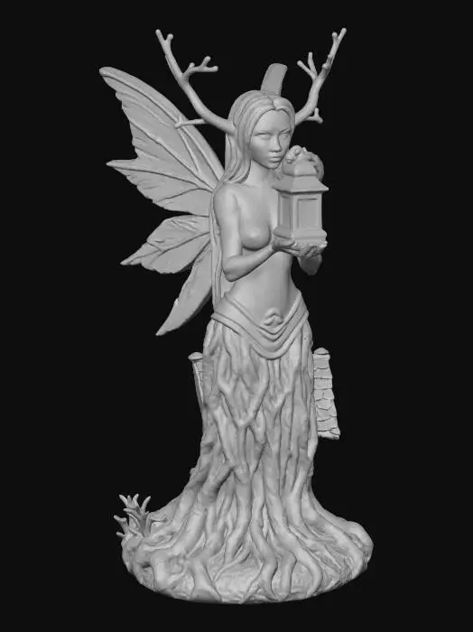 3D model for Gothic fairy statue fused with tree roots, holding a lantern that casts magical shadows on the house