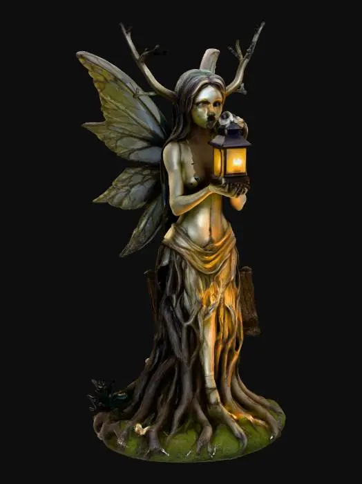 3D model for Gothic fairy statue fused with tree roots, holding a lantern that casts magical shadows on the house