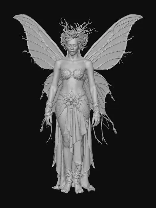 3D model for A steampunk fairy with gear-laced wings and metallic vines, lifting a floating platform with her hands