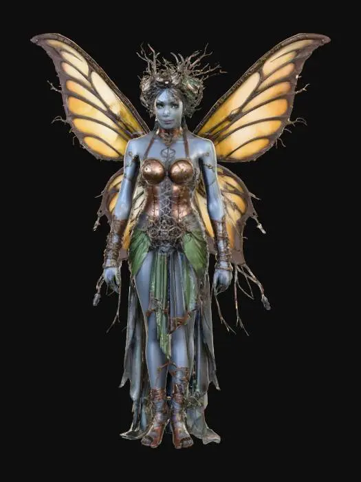 3D model for A steampunk fairy with gear-laced wings and metallic vines, lifting a floating platform with her hands